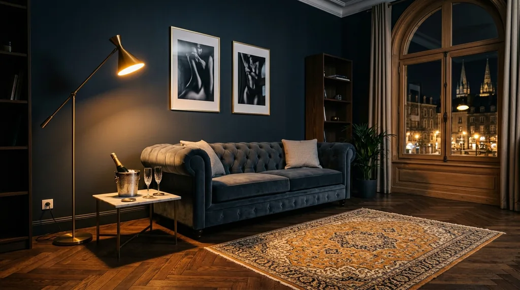 Appartement Rennes — intérieur ardoise et or vif chambre Angie blonde